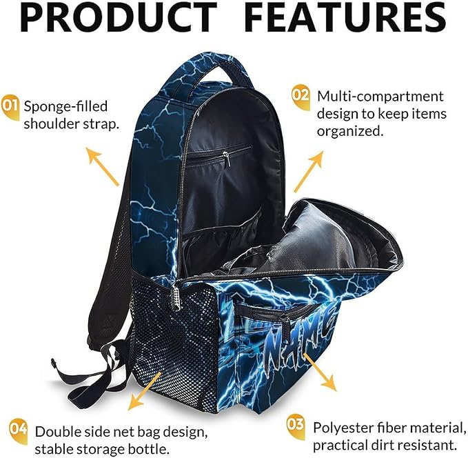 Kids Backpack for Boys, Personalized Train Schoolbag Casual Bag for Primary Senior Middle, 17 Inch Lightweight Durable Custom Lightning Backpacks, Cool Back to School Gift