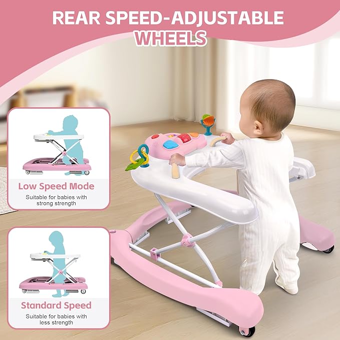 Foldable Baby 5-in-1 Activity Walker - Rocker, Activity Center, Bouncer, Seat Walker, Push Walker - Adjustable Speed Rear Wheels and Height Toys Ages 6-18 Months… (Pink)