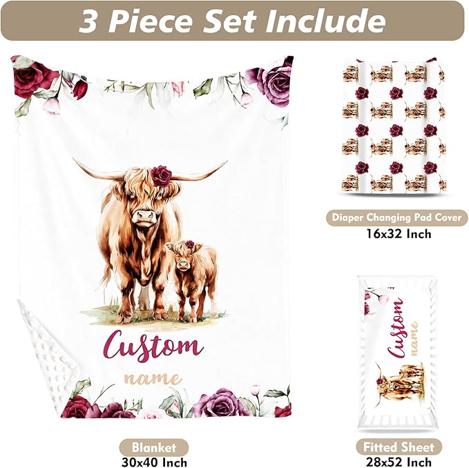 Custom Name Crib Bedding Set - Highland Cow Theme, Personalized Rose Floral Nursery Bedding 3-Piece Set– Soft Blanket, Fitted Sheet, Changing Pad Cover – for Newborns Girls Nursery Gifts