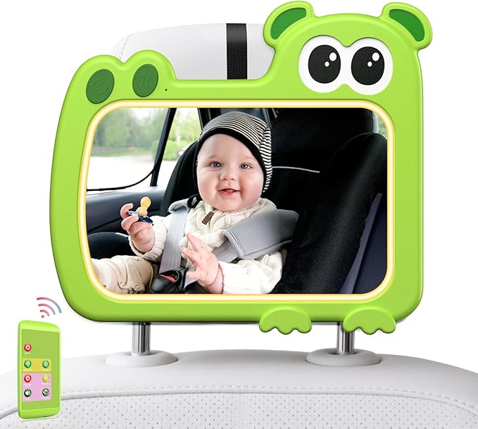 2-in-1 Baby Car Mirror with Lights & Soft Sounds, Cry Detector, Clear Night View, 360° Rotation, Shatterproof, Rear Facing Baby Car Seat Mirror with Remote Control, Perfect Baby Shower Gifts (Green)
