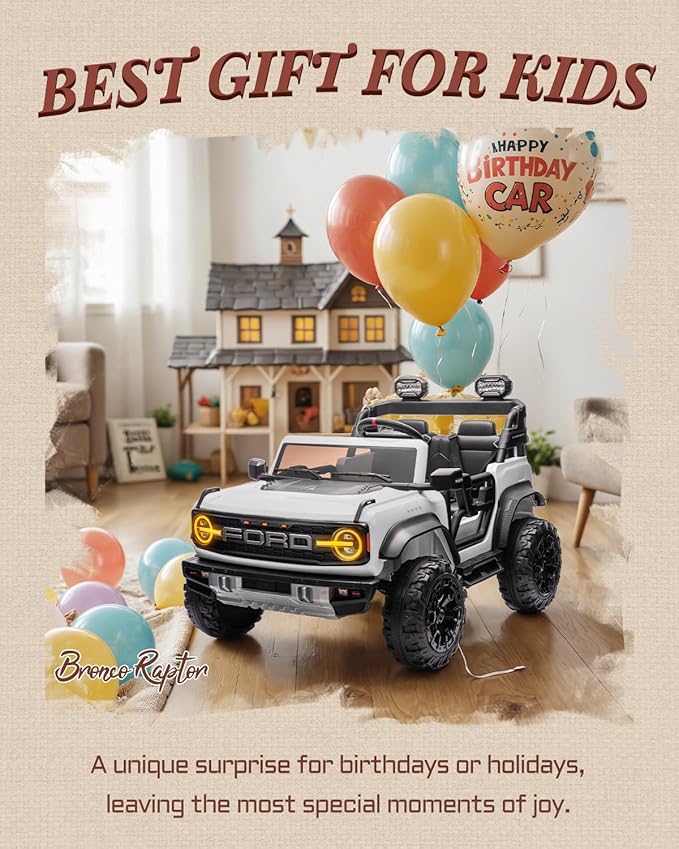 Licensed Ford Bronco Raptor 24V 2 Seater Kids Ride on Toys, Battery Powered Electric Ride on Car, Remote Control Electric Car w/Led Lights, Music, High Low Speed (24V, White)