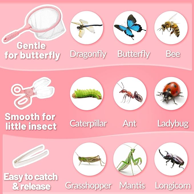 2 Set Bug Catcher for Kids- Educational Bug Catching Kit Including Butterfly Net, Insect Clip, Tweezer, Outdoor Toys for Kids Ages 3-10 (Pink)