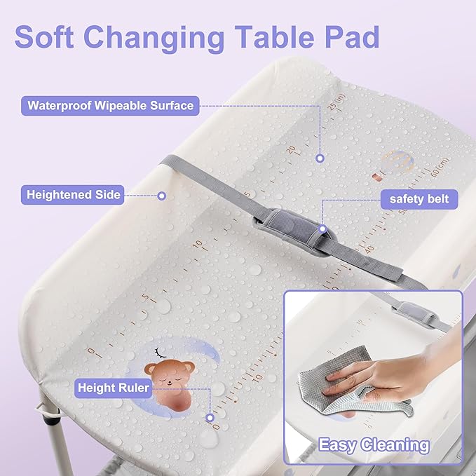 2-in-1 Baby Bathtub with Changing Table, Foldable Diaper Changing Station with 4 Wheels, Waterproof Pad, Storage Rack and Baby Bath Tub, Adjustable Height Portable Nursery Organizer for Newborn Infant