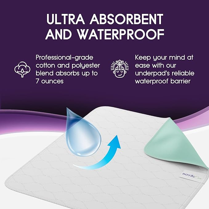 Incontinence Bed Pads - 4 Pack 18” x 24” Reusable Waterproof Mattress Protectors - Highly Absorbent, Machine Washable - for Children, Pets and Seniors - Assorted Colors - Royal Care