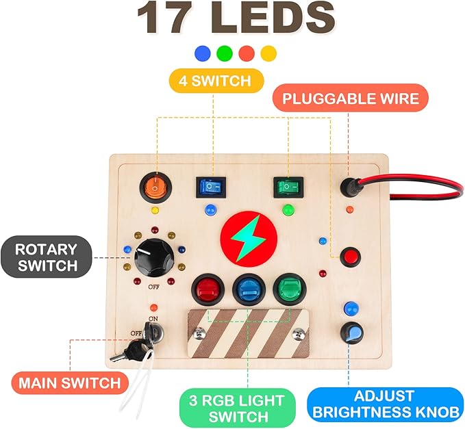 Joyreal Montessori Busy Board Wooden Sensory Toys for Toddler with LED Light Up Switch, Baby Fidget Board Travel Toys for 18+ Months, 1 2 3 Year Old Boys Girls Toddler Toy Gifts (Mixed Lights)