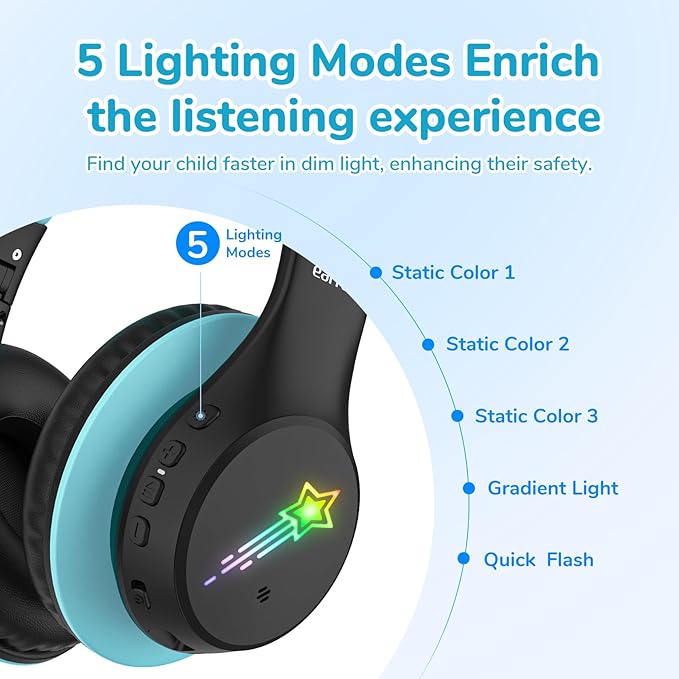 EarFun K4 Kids Bluetooth Headphones, Wireless Headphones with LED Lights, 74/85/94dBA Volume Limited, Built-in Mic, 90H Playtime, Bluetooth 5.4 Over Ear Headphone for iPad/Tablet/School, Dark Black