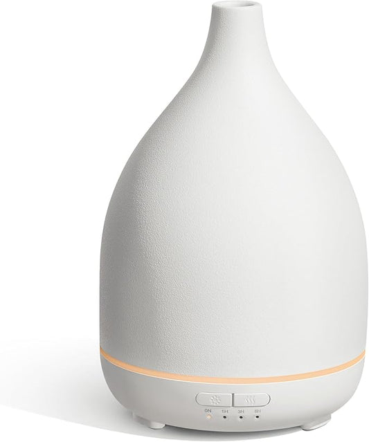 InnoGear Oil Diffuser, 300ML Ceramic Diffuser for Essential Oils Handcrafted Aromatherapy Diffuser Ultrasonic Cool Mist Humidifier with 4 Timers Waterless Auto Off for Room Office, White Base
