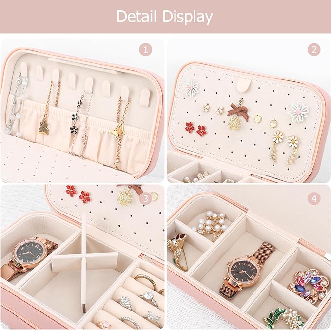 DesignSter Small Travel Jewelry Box with Double Zipper, 2 Layers PU Portable Jewelry Case for Women and Girls,Travel Jewelry Organizer for Rings, Earrings, Necklaces, Bracelets,Pink