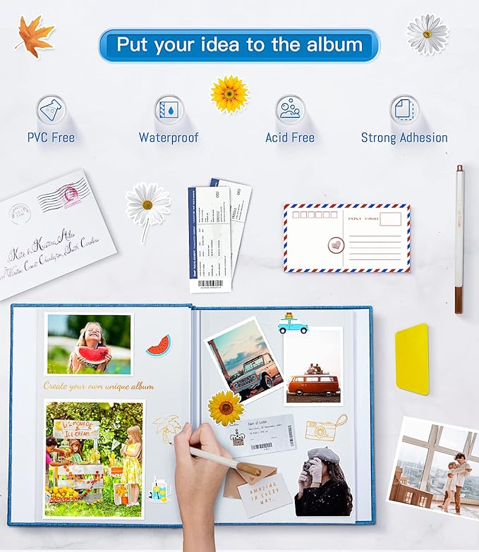 popotop Photo Album Self Adhesive with Picture Display Window,40 Pages DIY Scrapbooking Supplies Kit for 4x6 10x12 Picture,Linen Cover Memory Book for Baby Wedding, with Scraper and Metallic Pen