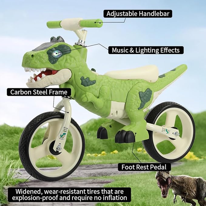 Dinosaur-Themed Toddler Balance Bike Toys for 2-7 Year Old Girls & Boys - Music & Lighting Effects, No-Pedal Training Bike, Best Gifts for Kids with Carbon Steel Frame & Adjustable Handlebar