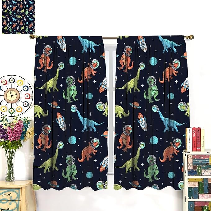 Cartoon Dinosaur Curtains for Kids Boys Girls Home Decor, Astronaut Rocket Funny Outer Space Blackout Rod Pocket Window Drapes for Bedroom Living Room W26xL84in 2 Panels