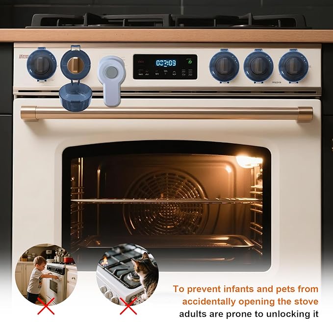 5+1 Packs Stove Knob Safety Covers, Childproof Oven Door Lock, Double-Key Design and Universal Size, Water Resistant Oil Resistant and High Temperature Resistant, for Home Kitchen Kids Pets Childproof