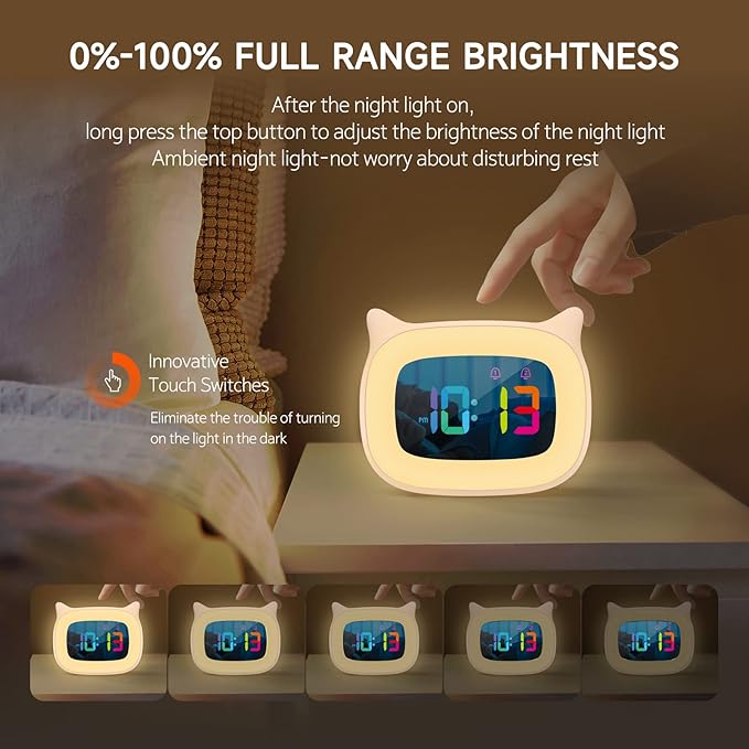 Cute Cat Ear Alarm Clock with RGB 7 Color Night Light & 18 Ringtones,Rechargeable Clock for Kids Bedroom,LED Colorful Digital Display,Bedside Clock for Boys,Girls Birthday Presents(Pink)