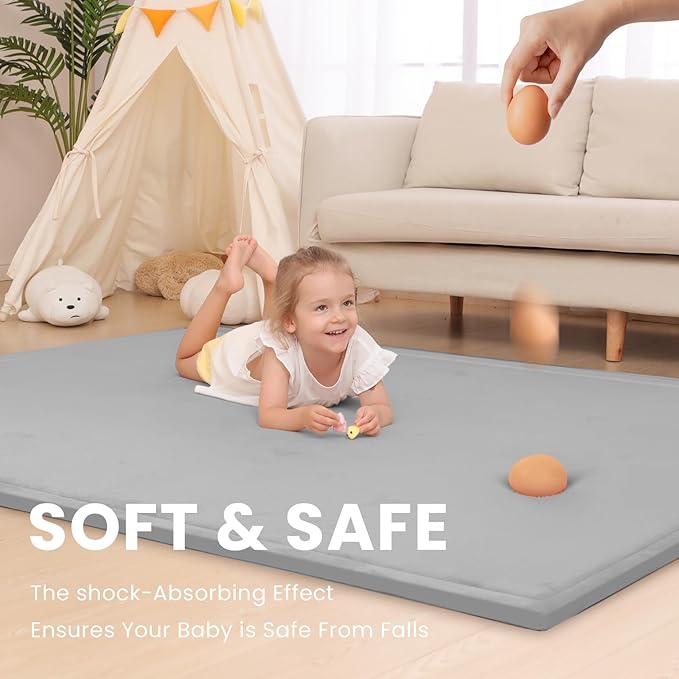 Baby Play Mat for Floor,1.3" Thick Elasti-Foam 74×50 Playpen Mat for Toddlers Infant Kids,Water-Repellent Soft Coral Velvet for Tummy Time, Non-Slip Backing for Crawling,Tatami Style(Light Grey)