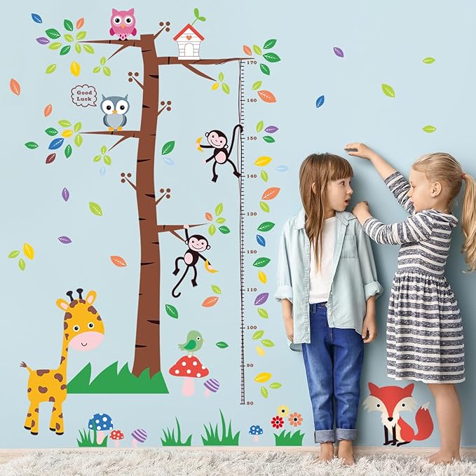 3D Cartoon Animal Height Growth Chart for Kids Wall Stickers Removable DIY Trees and Leaves Wall Stickers Vinyl Flowers Plants and Mushrooms Wall Art Decor for Nursery Kids Bedroom Living Room