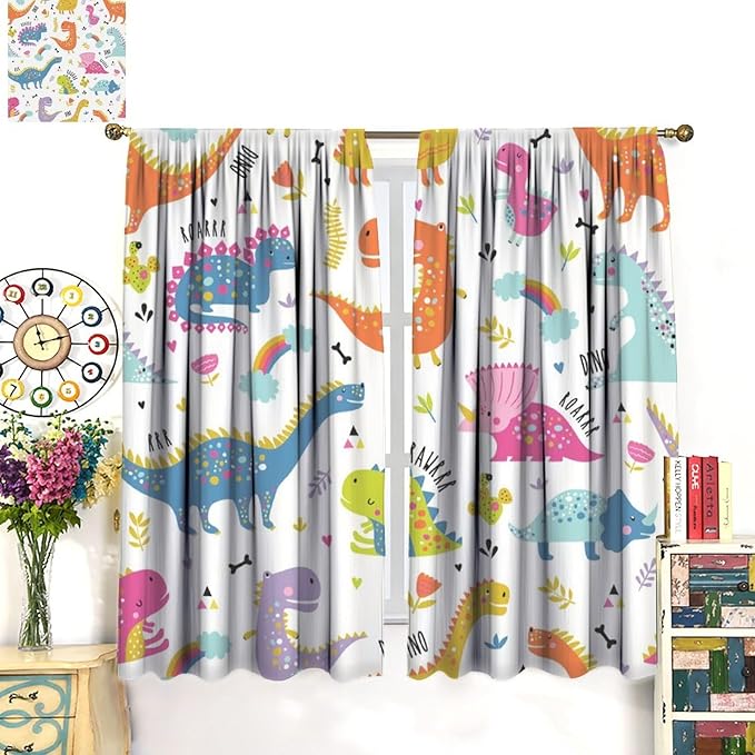 Cartoon Dinosaur Curtains for Kids Boys Girls Home Decor Childish Cute Dino Animals Print Pattern Rod Pocket Blackout Window Drapes for Nursery Baby Bedroom Playroom W36xL63in 2 Panels