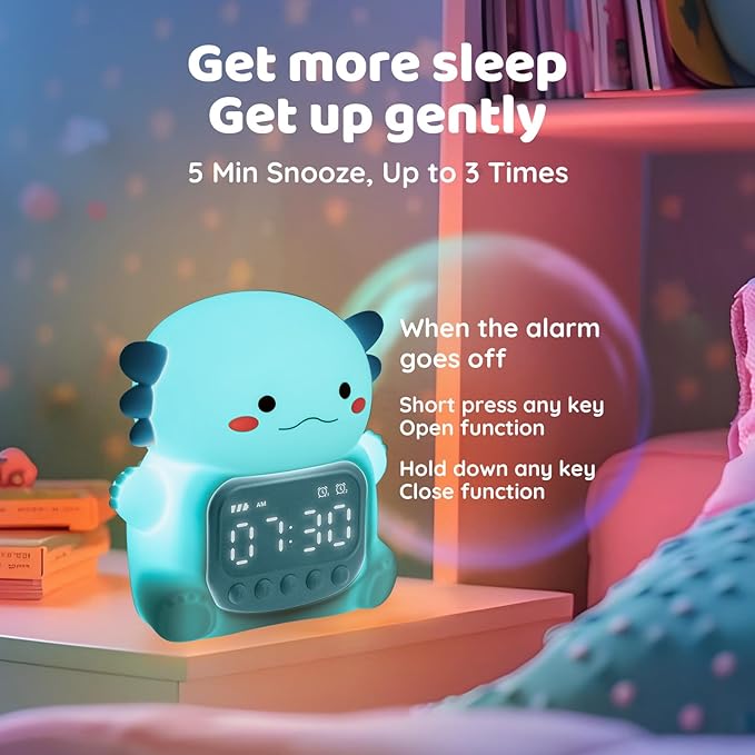 Axolotl Alarm Clock with Night Light for Kids, Rechargeable Silicone Lamp Time to Wake Clock Cute Animal Tabletop Lamp, Perfect Sleep Companion for Boys Girls, Blue