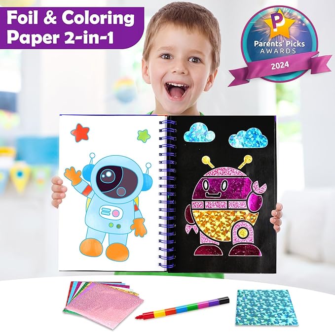 FUNNYB&G Foil Art Craft Activity for Kids - Gift for Boys Crafts for Kids Fun Art Supplies DIY Creative Travel Toy, Birthday Gift Party Favor Toys for Girls Boys 4 5 6 7 8 9 Years Old (Space)