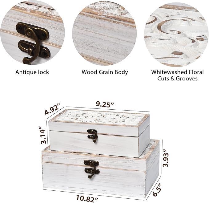 Decorative Wooden Box with Hinged Lid - Timeless Carved Floral Storage for Rustic Farmhouse Decor, Set of 2, White