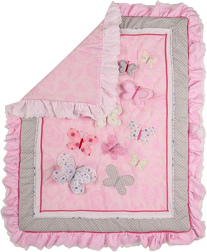 7 PCs Pink Embroidery Butterfly Nursery Crib Bedding Set 100% Cotton Baby Girl 3D Butterfly Themed Cot Bedding Set 1 Quilt, 2 Fitted Sheet, 1 Window Valance, 3 Butterfly Shaped Wall Decor