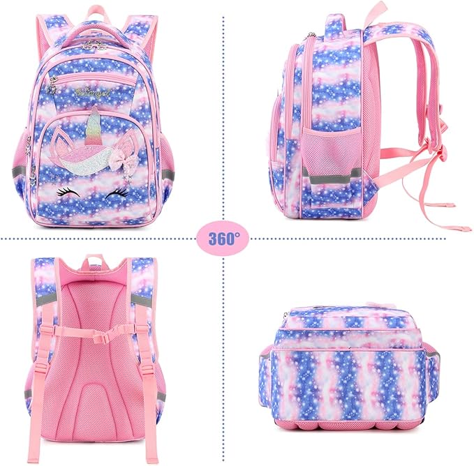 Cusangel Girls Backpack with Lunch Box Pencil Case,Cute Multi Compartment Preschool Elementary Primary Backpack for Girls Sky Unicorn 3pcs Backpack for Girls