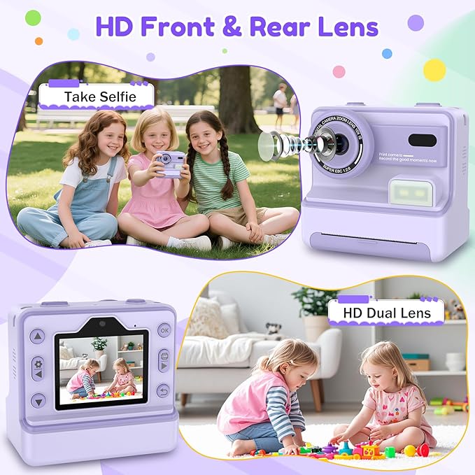 Instant Camera, Instant Print Camera for Kids with 1080P Videos, Front Rear Dual Selfie, 3 Rolls Print Paper & 32GB SD Cards, Christmas Birthday Gifts for Girls Age 3-12