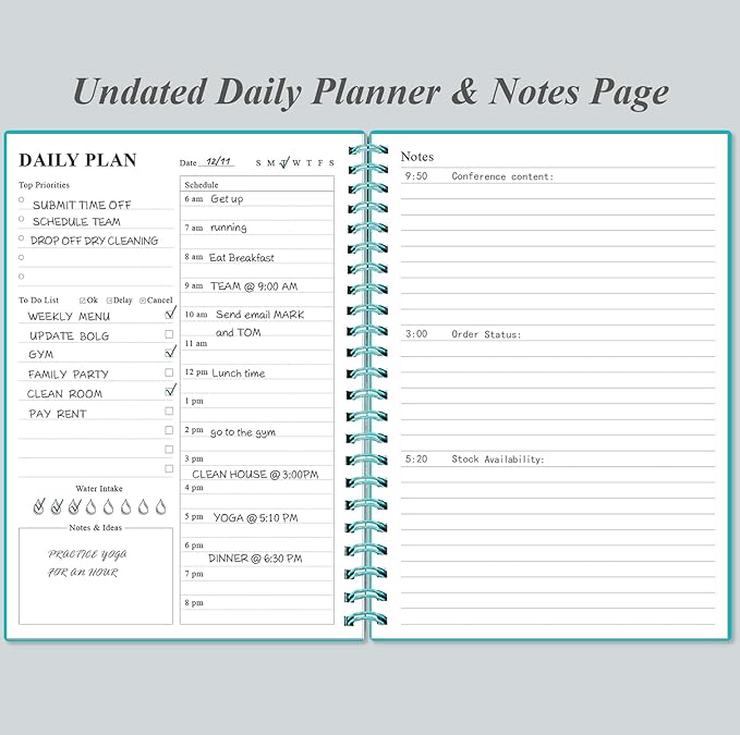 Daily Planner Undated - A5 To Do List Notebook Hourly Schedules, Spiral Appointment Planner for Women and Men, PVC Hardcover, Inner Pocket, Elastic Closure, 5.8" x 8.3", Teal