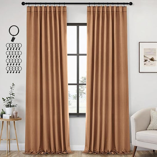 ANRODUO Back Tab Blackout Curtains for Bedroom Living Room, Rod Pocket Pinch Pleated Thermal Insulated Room Darkening Curtains 96 Inches Long 2 Panels, Brown, 42 x 96 Inch
