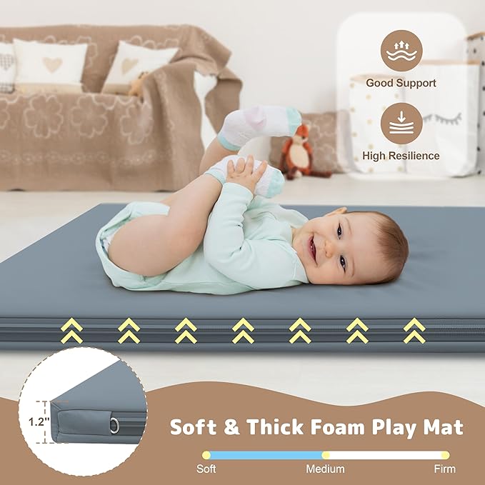 Baby Play Mat 47x47 Inches, Extra Thick 1.2" Foam Floor Mat for Tummy Time & Crawling, Waterproof Non-Slip Faux Leather Playpen Mat for Infants Toddlers, Indoor Outdoor Gym Activity, Blue