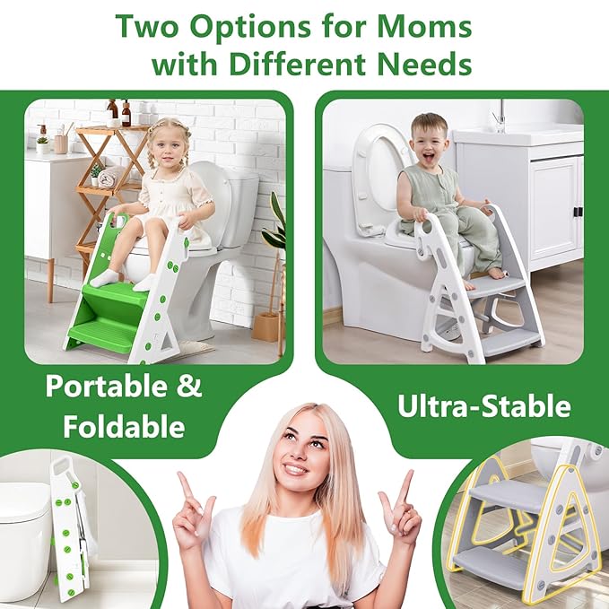 Easy Storage Potty Training Seat with Ladder, Adjustable Step and Toilet Seat Height, Easy-Grip Handles for Climbing, Foldable Portable Toddler Toilet Trainer, Perfect for Small Bathrooms