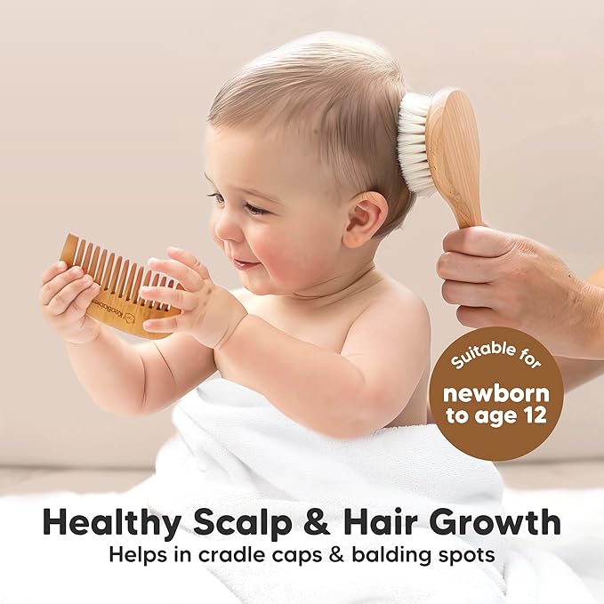 Baby Hair Brush and Comb Set for Newborn - Wooden Baby Hair Brush Set with Soft Goat Bristle, Baby Brush Set for Newborns, Baby Brush and Comb Set Girl, Boy, Toddler Cradle Cap Brush (Round, Walnut)