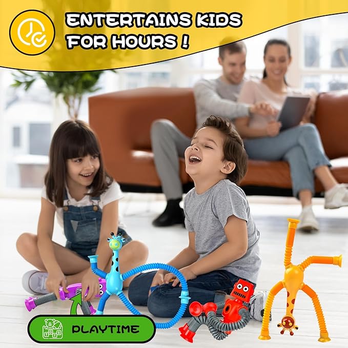 Robot Sensory Travel Toys 4Pcs for Toddlers Kid Boy Year Old Ages 3 4 5 6 7 8 9, Airplane Activities Suction Autism Pop Tube Fidget Toys Autistic Stocking Easter Basket Stuffer Valentine Gift for Kids