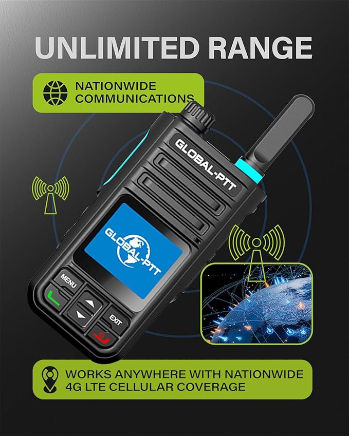Global-PTT G9 4G LTE Walkie Talkies Nationwide Coverage for Adults and Kids – 2 Pack Unlimited Long Range PoC Radios with Free 1-Year SIM