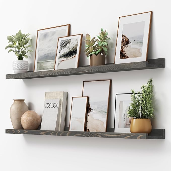 Picture Ledge Shelf, Floating Shelves Set of 2, Solid Pine Wood 55'' Long Large Nursery Book Shelves for Toys Storage, Kids Bookshelf for Living Room Bedroom Decor Books Photo Frames, Grey