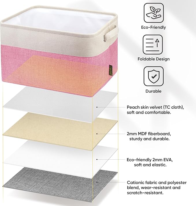 BALEINE 4 Pack Fabric Storage Bins for Shelves, Linen Storage Baskets for Organizing, Decorative Closet Bins for Clothes, Home (Pink, 15''x11''x9.5'')