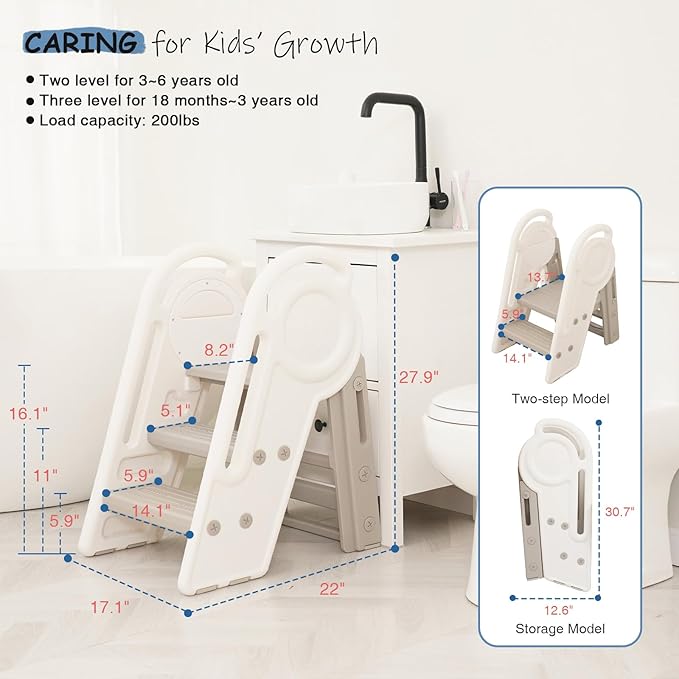 Foldable Toddler Step Stool for Bathroom Sink, Adjustable Kids 3 or 2 Step Stool for Toddlers Bathroom Toilet Potty, Plastic Baby Girl Child Stepping Stool with Handle Rail for Kitchen Counter