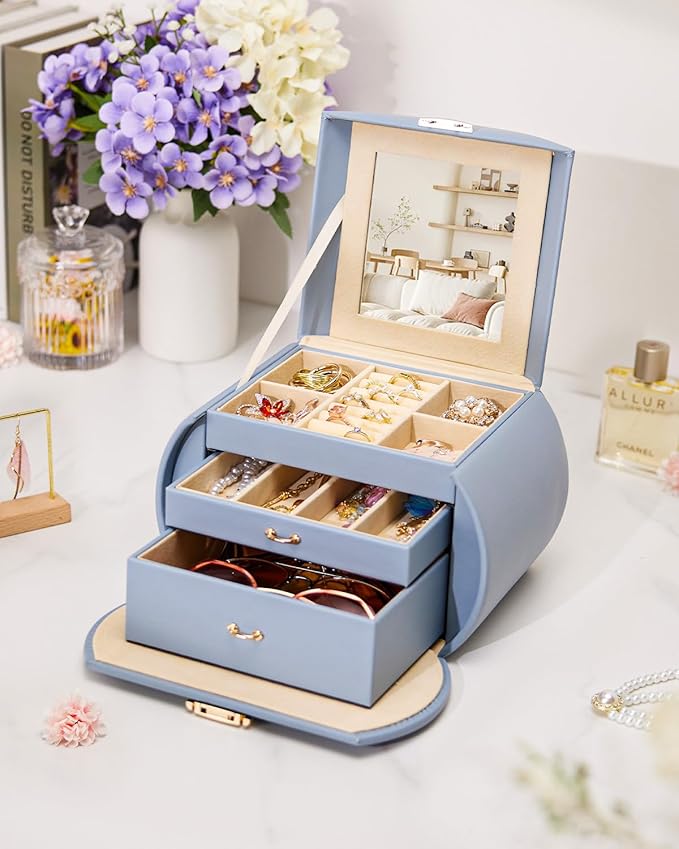 Homde Girls Jewelry Box Jewelry Storage Case Organizer Faux Leather with Mirror for Rings, Earrings, Bracelets, Necklaces (Grey Blue)