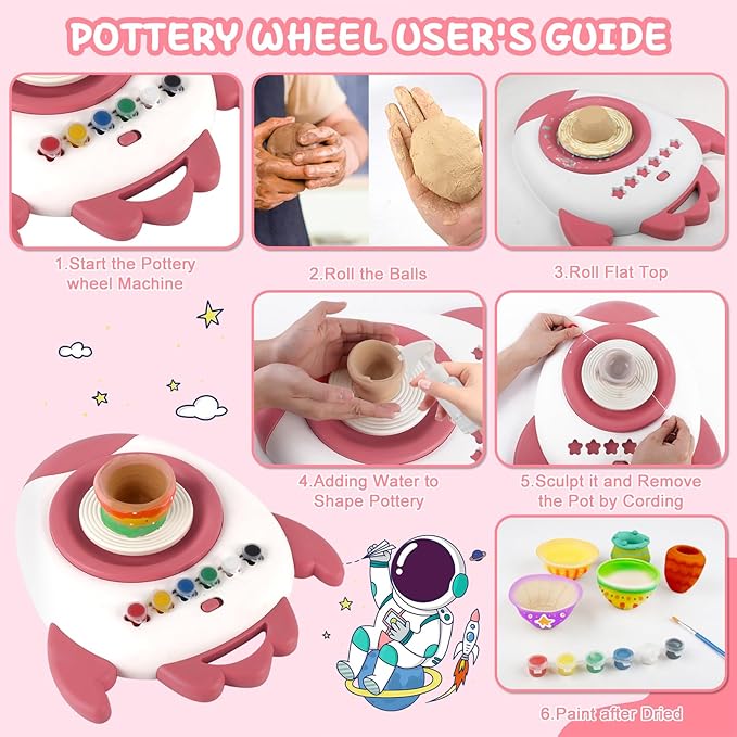deAO Pottery Wheel for Kids Complete Painting Set for Beginners Mini Pottery Wheel Kit with Air Dry Clay Tools, Arts & Crafts Clay Wheel Toys Birthday Gifts for Girls Boys Age 3+ (Red)