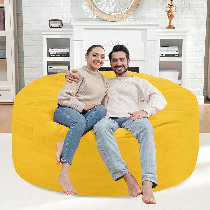 4FT Bean Bag Chair, Large Bean Bag Chairs with Memory Foam Filled, Fluffy Beanbag Sofa with Dutch Velvet Cover, Round BeanBag Chairs for Living Room, Playroom - Lemon