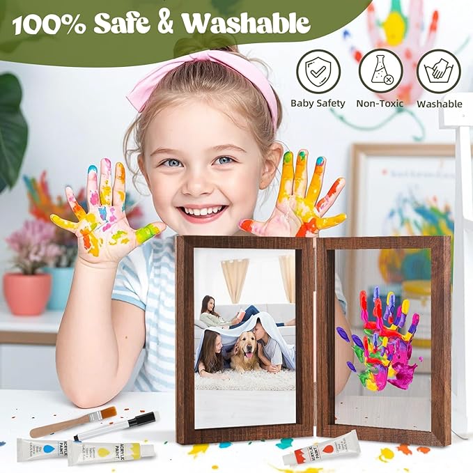 Family Handprint Kit, DIY Baby Hand and Footprint Handmade Keepsake Wooden Frame, Family Gifts with 5 Non-Toxic Baby-Safe Paint, Ideas Gift for New Parents Couple Friends