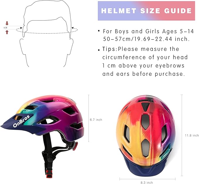 OnBros Kids Bike Helmet - Bike Helmets for 5-14 Boys or Girls with Visor, Children Bicycle Helmet for Skateboard Mountain Scooter Road Cycling, Lightweight and Adjustable 50-57CM