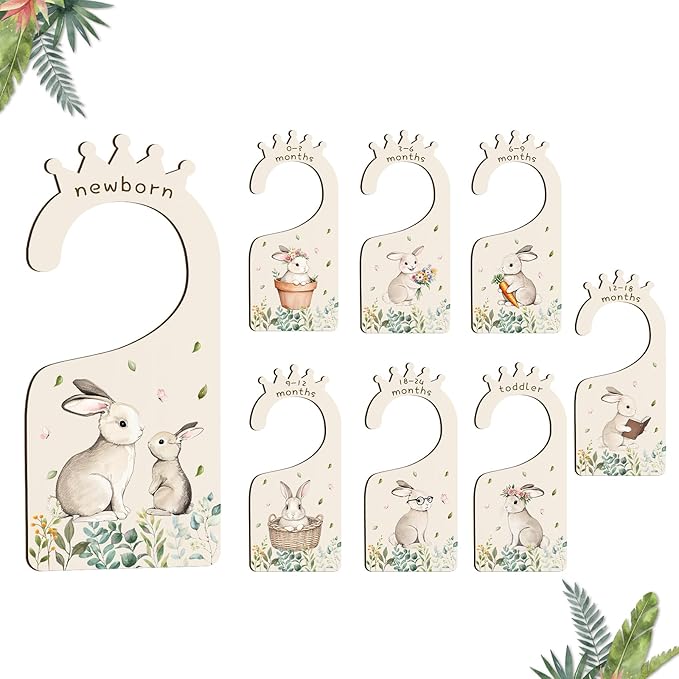 Baby Clothes Dividers for Closet - Set of 8 Wooden Baby Size Closet Dividers Newborn to 24 Months, Rabbits Babies Clothes Organizer for Boys Girl Nursery Decor Gender-Neutral Newborn Hangers Dividers