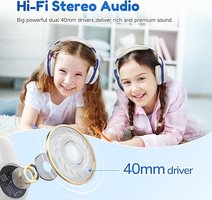 EarFun K2 Kids Bluetooth Headphones, Kids Headphones with Volume Limited, 40H Playtime, Built-in Mic, Stereo Sound, Foldable Over-Ear Headphone for School/Travel/iPad/Tablet, White