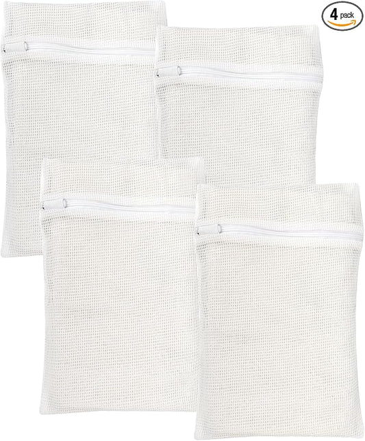 4 Piece White Small, Durable Organic Cotton Mesh Laundry Bag with Strong Zipper and Breathable Mesh, Delicate Laundry Bag for Underwear, Clothes, Pants and Socks