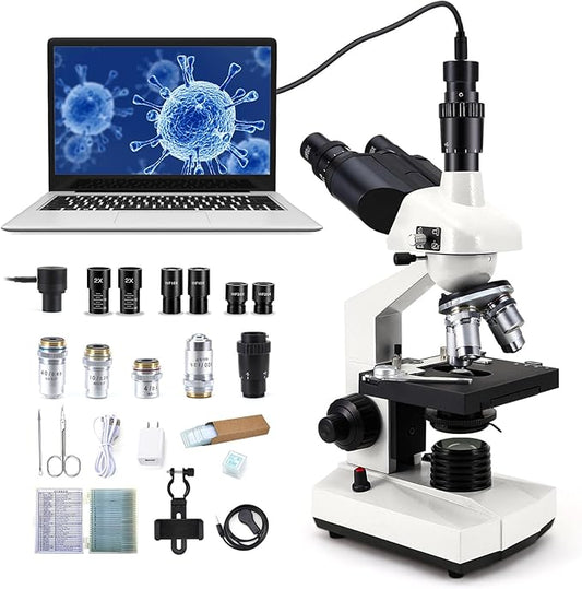 40X-5000X Compound trinocular Microscopes trinocular fo Adults, with 5.0 mp Camera with Microscope Slides 30p, Microscope Accessories, Microscopes Abbe Condenser