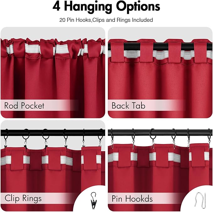 ANRODUO Back Tab Blackout Curtains for Bedroom Living Room, Rod Pocket Pinch Pleated Thermal Insulated Room Darkening Curtains 63 Inches Long 2 Panels, Red, 42 x 63 Inch