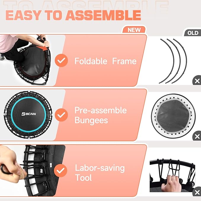 BCAN 40"/48" Mini Rebounder Trampoline for Adults with Bar, 450/550LBS Fitness Trampoline with Bungees, Adjustable Handle, Stable & Quiet, Indoor Outdoor, Whole-Body Workout & Relaxation at Home