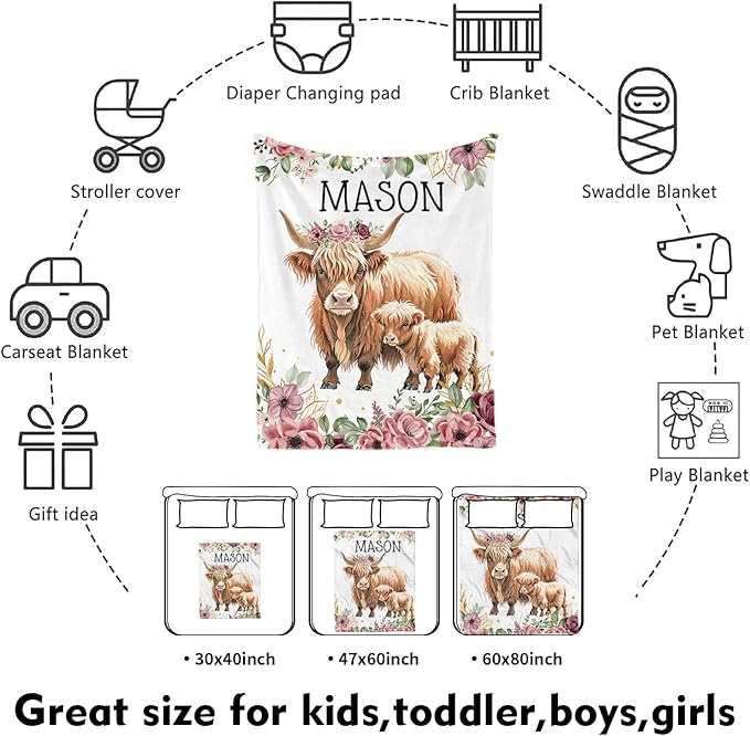 Custom Nursery Crib Bedding Set: Personalized Name 4 Piece Flower Highland Cow Design Baby Crib Sets for Baby Girls - Toddler Double Layer Blanket Set, Comfortable Crib Bed Sheets for Baby Toddlers