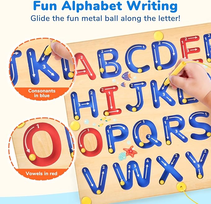 JoyCat Magnetic Letter Tracing Board, Wooden Alphabet Tracing Board for Toddlers ABC Magnets Letter Writing Practice, Magnetic Maze Preschool Learning Educational Toys for Kids 3-5