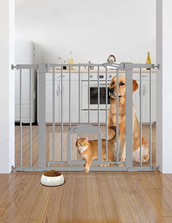 Babelio Baby Gate with Adjustable Cat Door,29-43" Auto Close Durable Pet Door for Stairs,Doorways and House, Pressure Mounted,Easy Install,Effortless Walk Thru,Gray